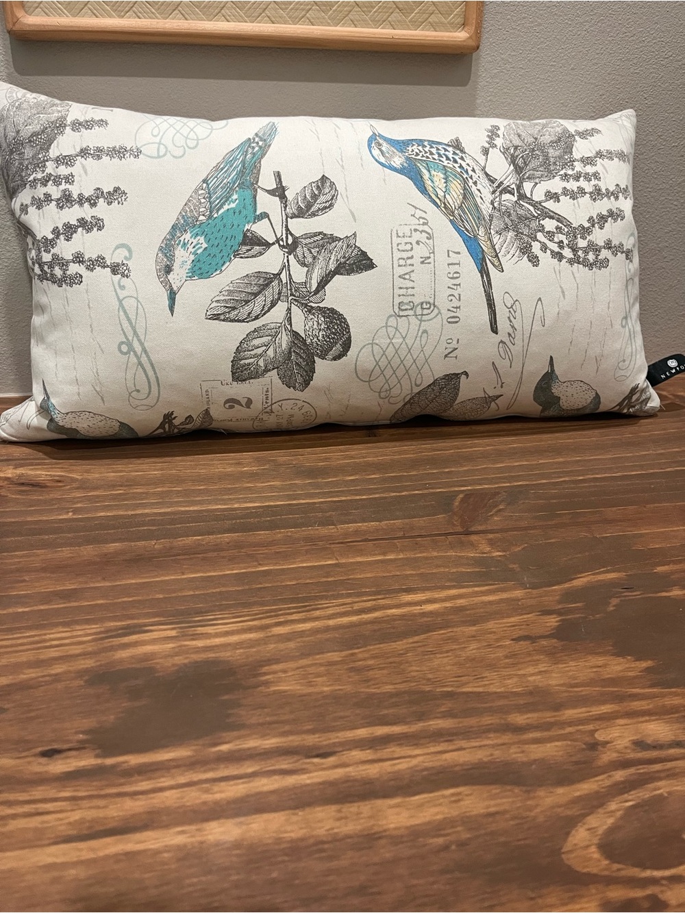 Decorative Bird Print Lumbar Pillow - Teal and Gray